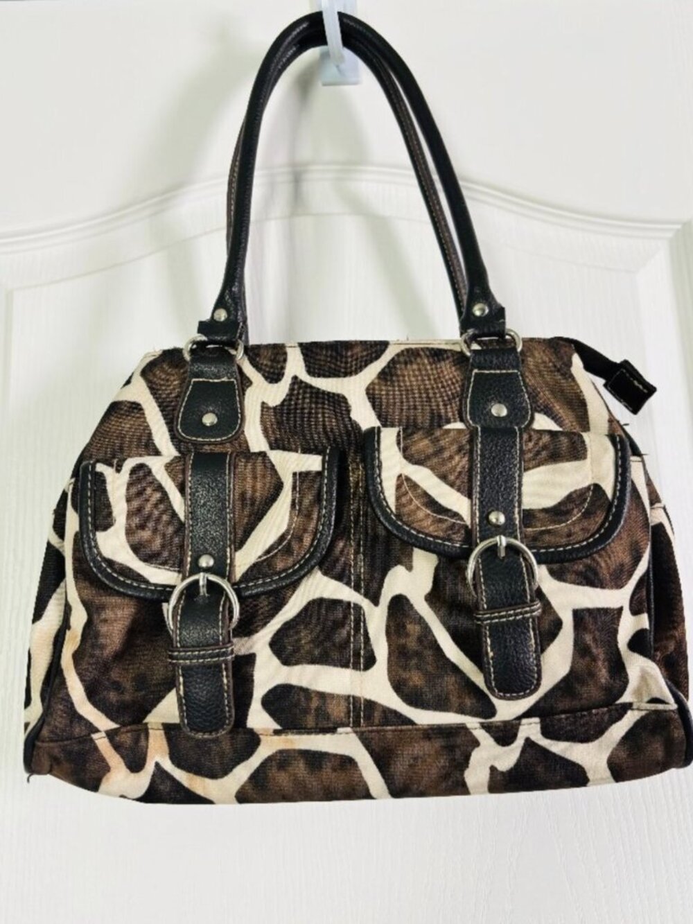 Giraffe Print Canvas Satchel Brown Cream Animal Print Shoulder Bag